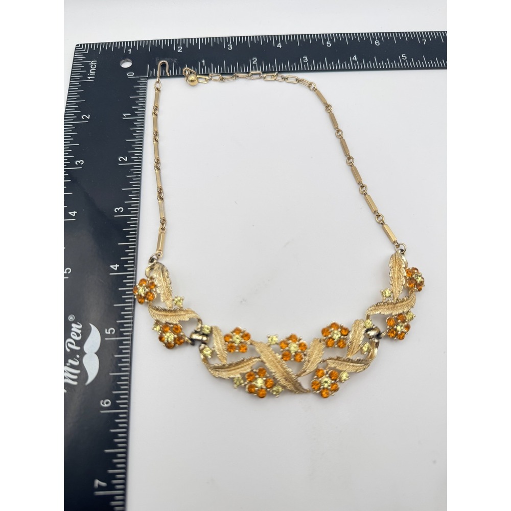 Vintage Coro Necklace Gold Tone Orange Rhinestone Flower Leaf Bib - Picture 5 of 11